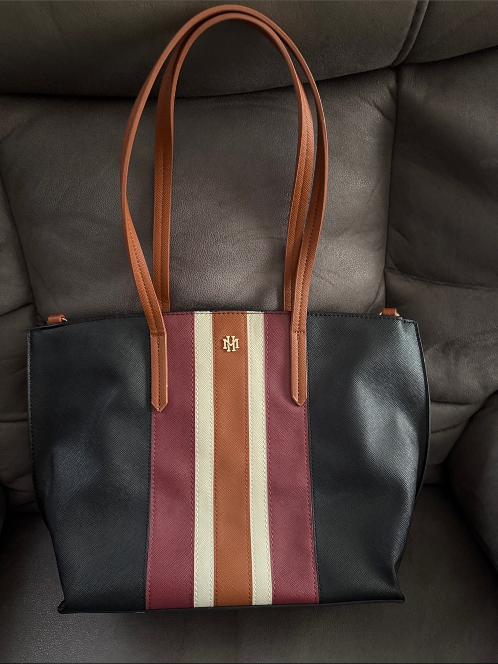 Striped Black Tote with Burgundy, Tan & Cream Accents